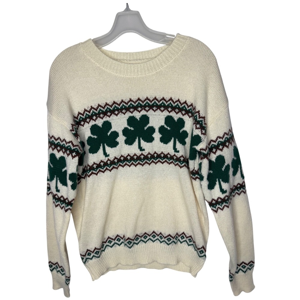 Vintage Style Shamrock Fair Isle Knit Sweater Cream Green St Patricks Day Medium